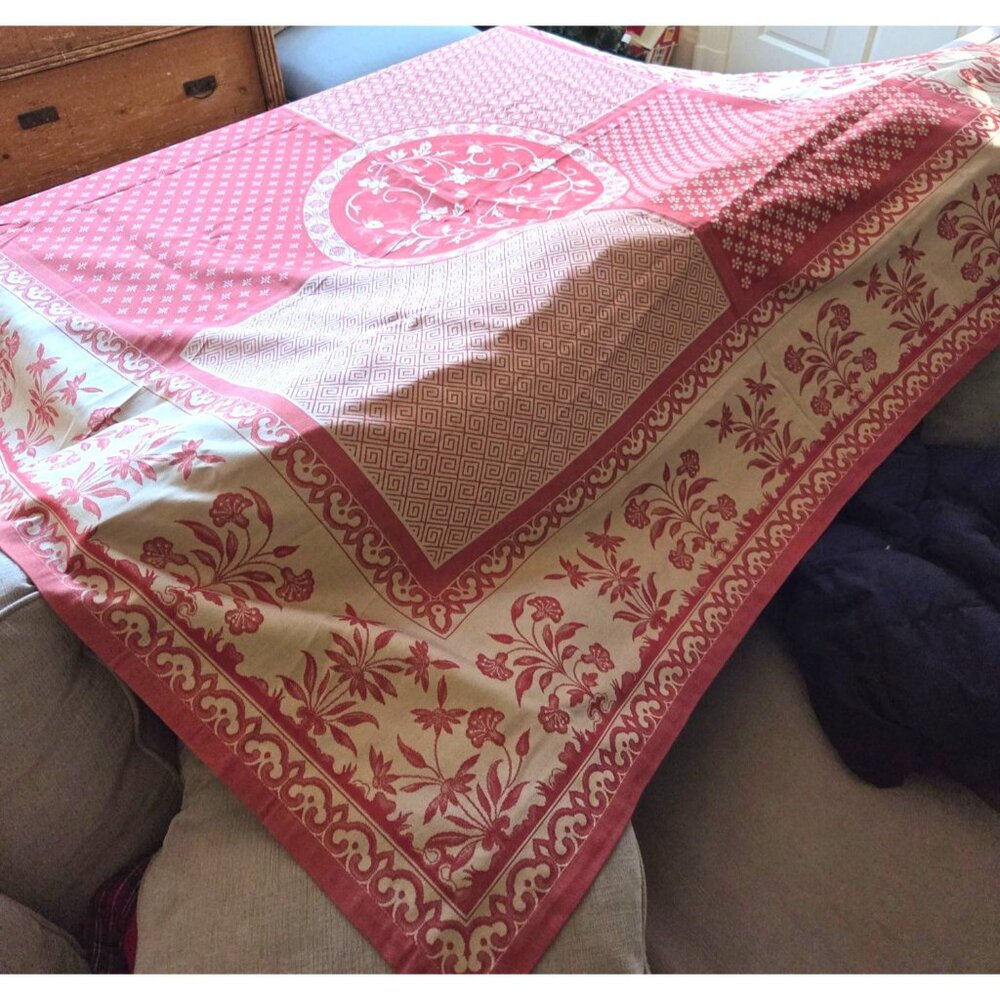 Jose Houel Paris French Jacquard Provence Red Cream Floral Tablecloth 68x68 - Picture 3 of 7